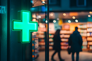 green pharmacy cross glowing at night with customers shopping